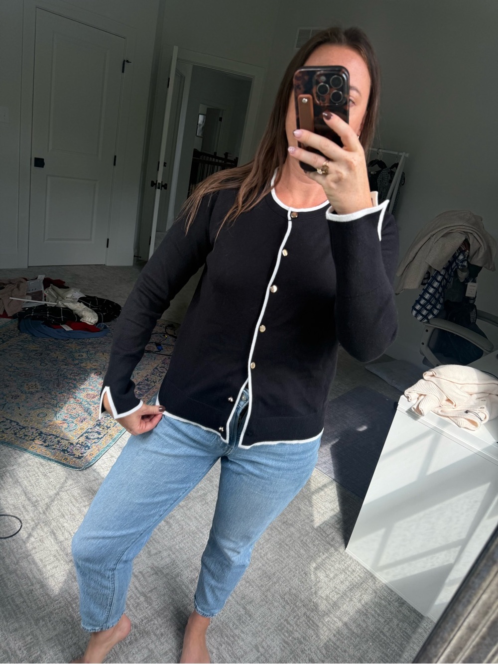 Amazon black Button-Front Knit Cardigan with White Trim